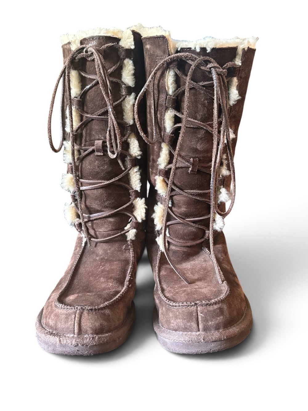 UGG Brown Suede Lace-Up Shearling-Trim Tall Boots